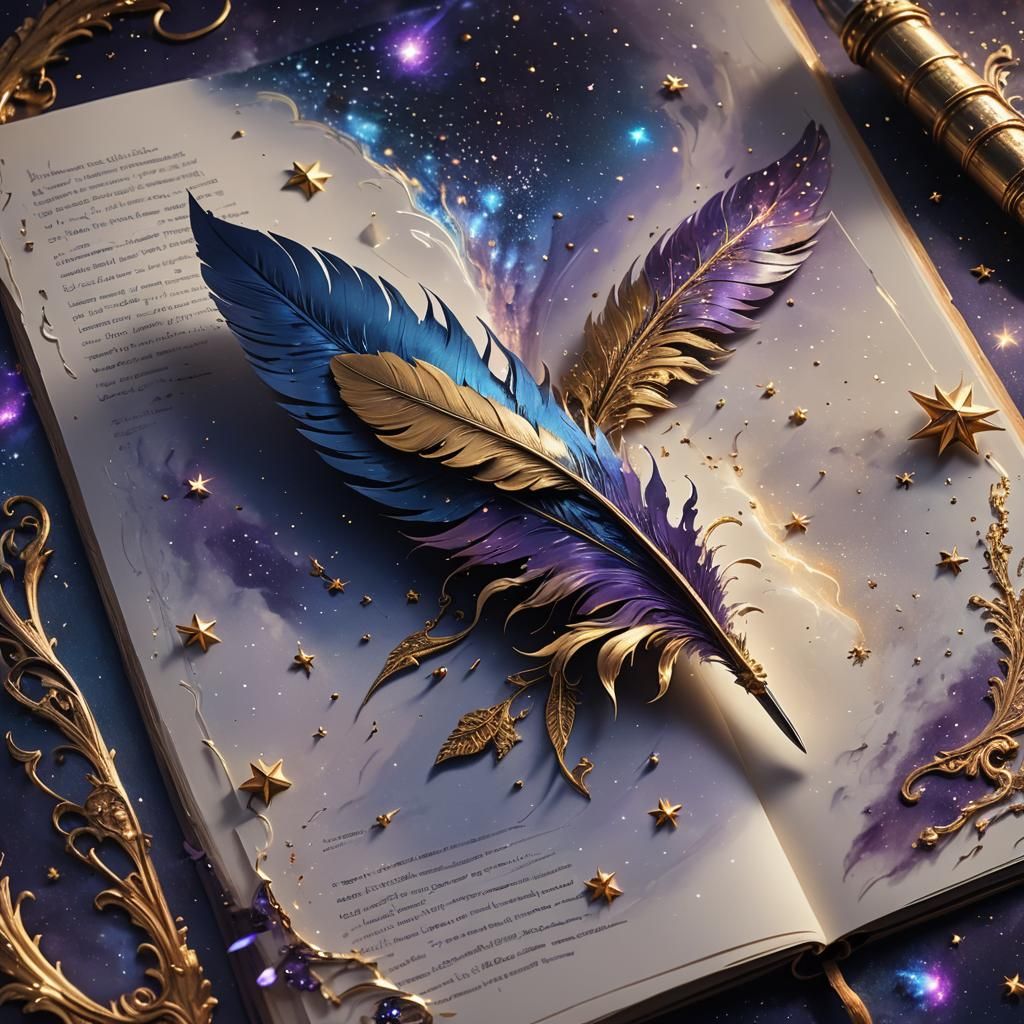 Celestial Quill Dripping Stars and Galaxies