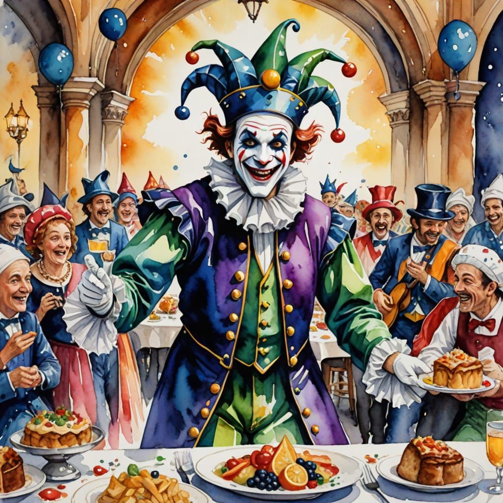 Vibrant Watercolor Jester Performs at Grand Feast