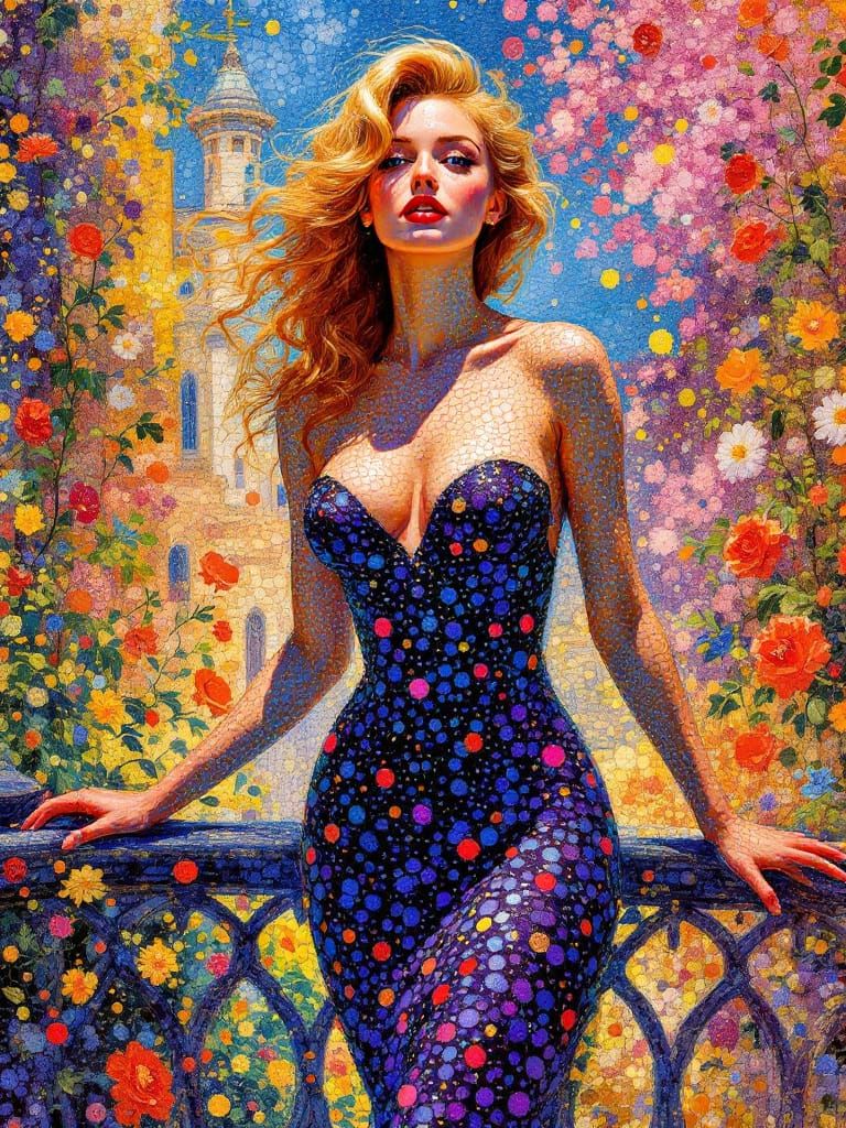 Belle Époque Pin-Up Woman in Vibrant Pointillist Style