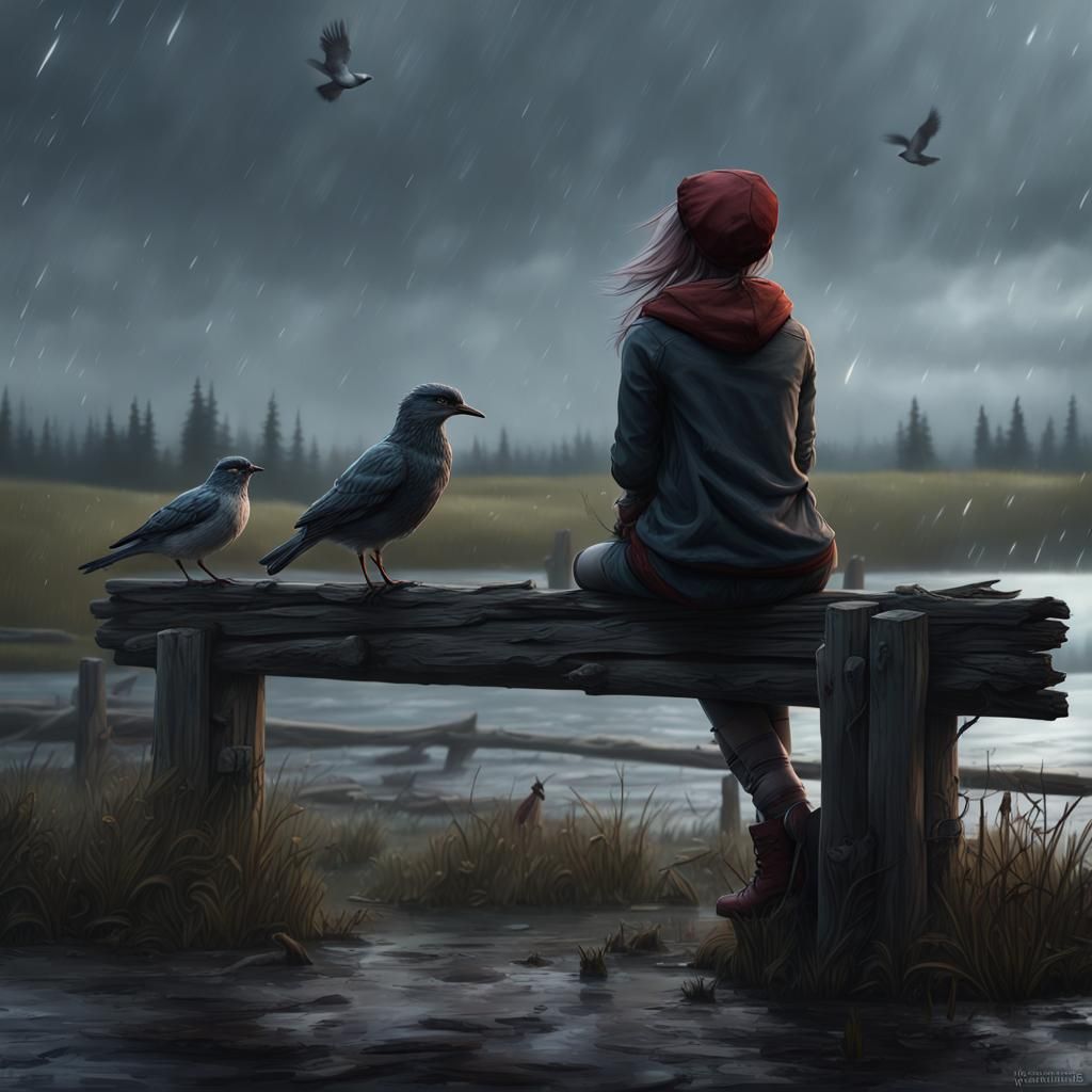 Moody Teen Girl on Fence with Birds: Dark Fantasy Art