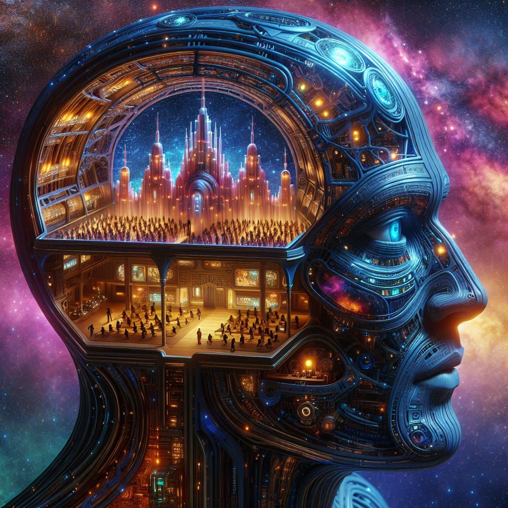Biomechanical Castle Inside Colossal Head Under Galaxy Sky
