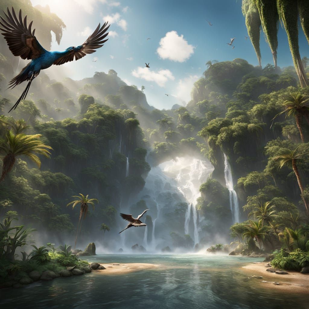 Epic Oasis with Waterfalls and Prehistoric Bird in Flight
