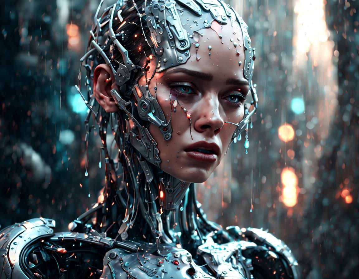 Android Cyborg Crying Silver Tears: Detailed Matte Painting