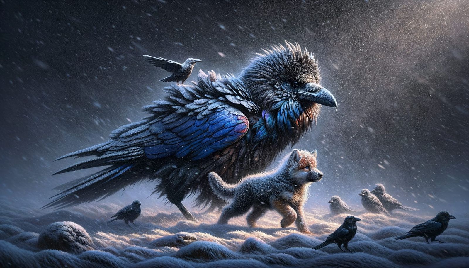 Snowy Blue-Grey Raven and Wolf Pup Play in Matte Painting St...