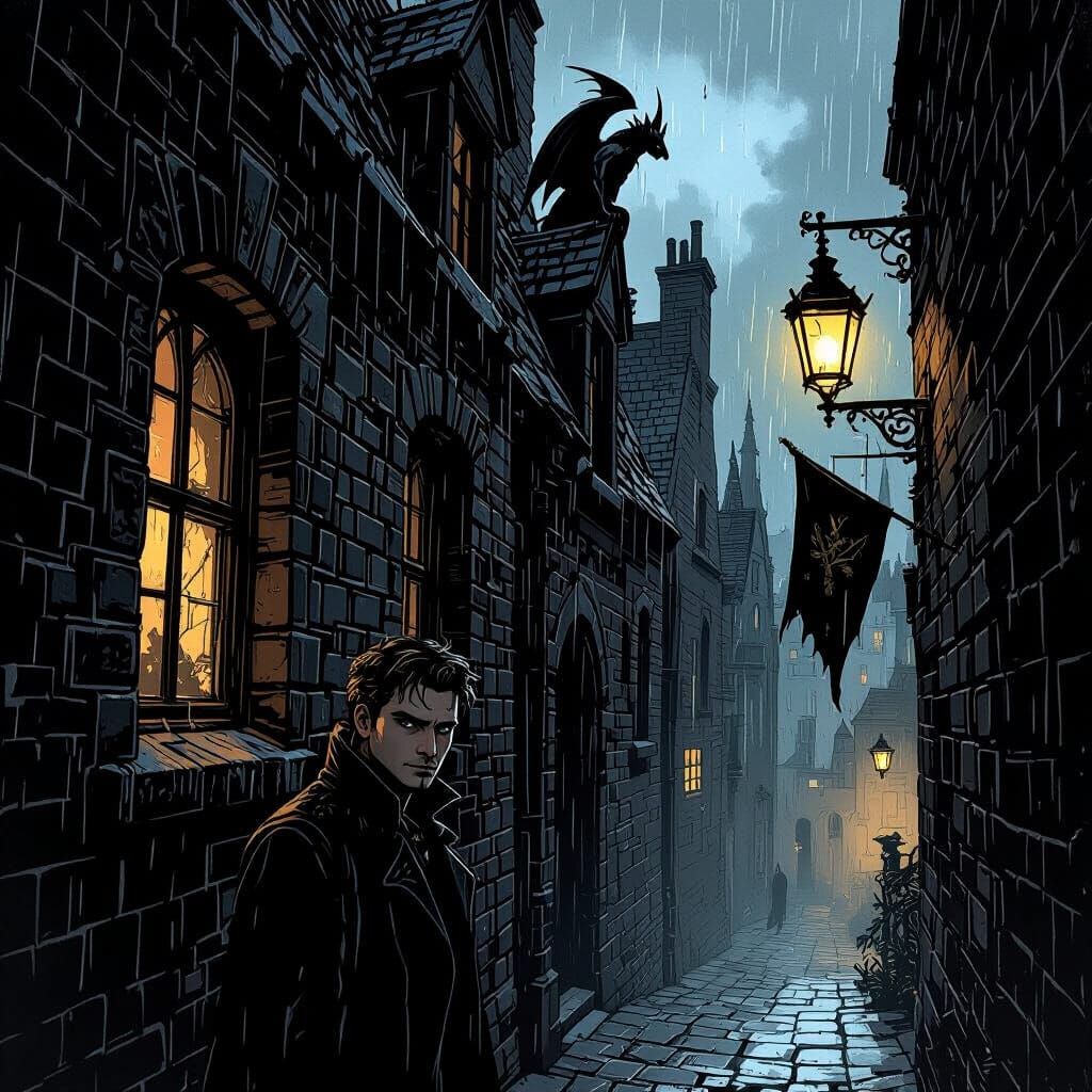 Gothic Alleyway with Gargoyles in Dark Fantasy Style