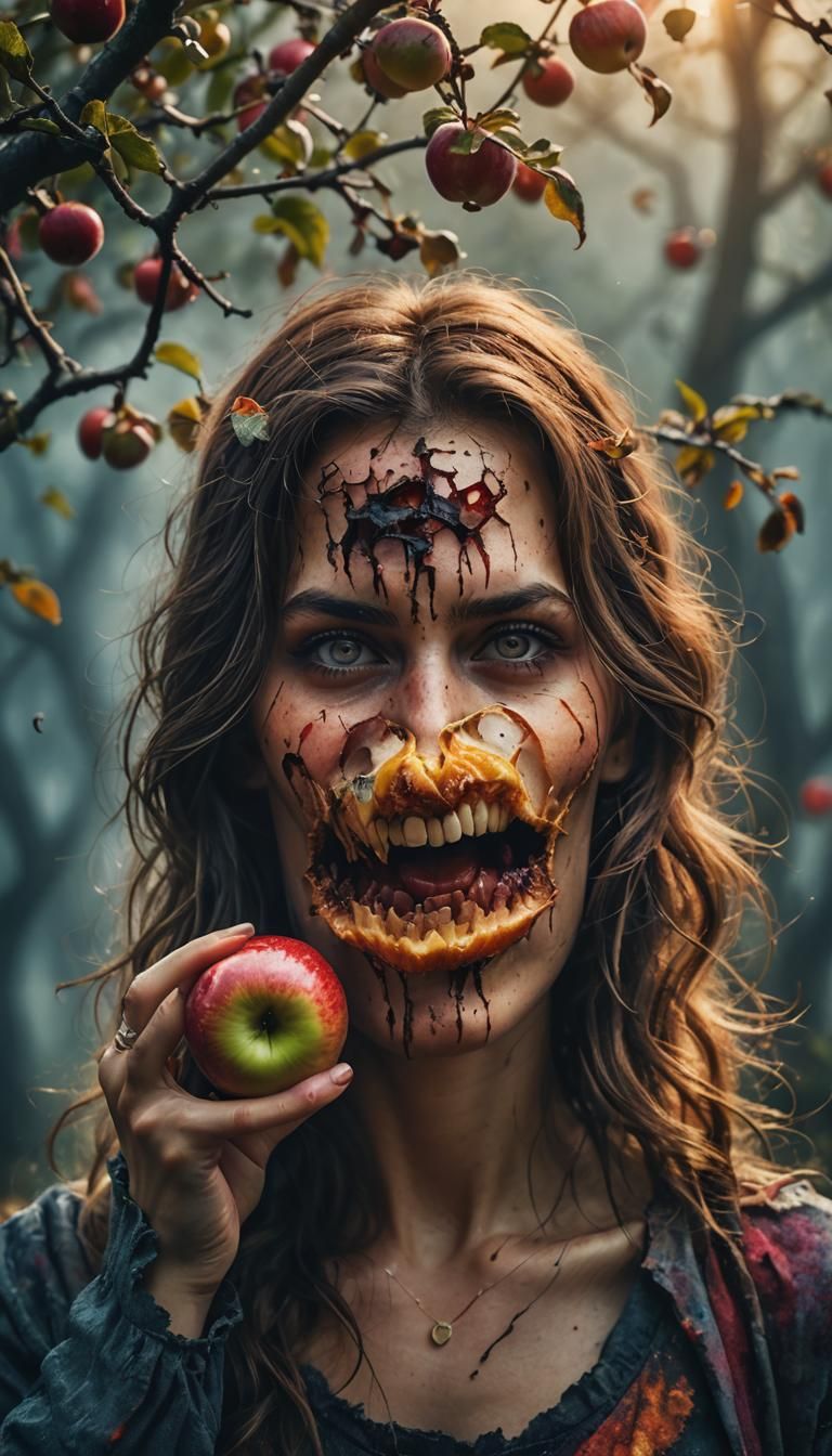 Woman with Rotten Apple in Hyper-Realistic Style