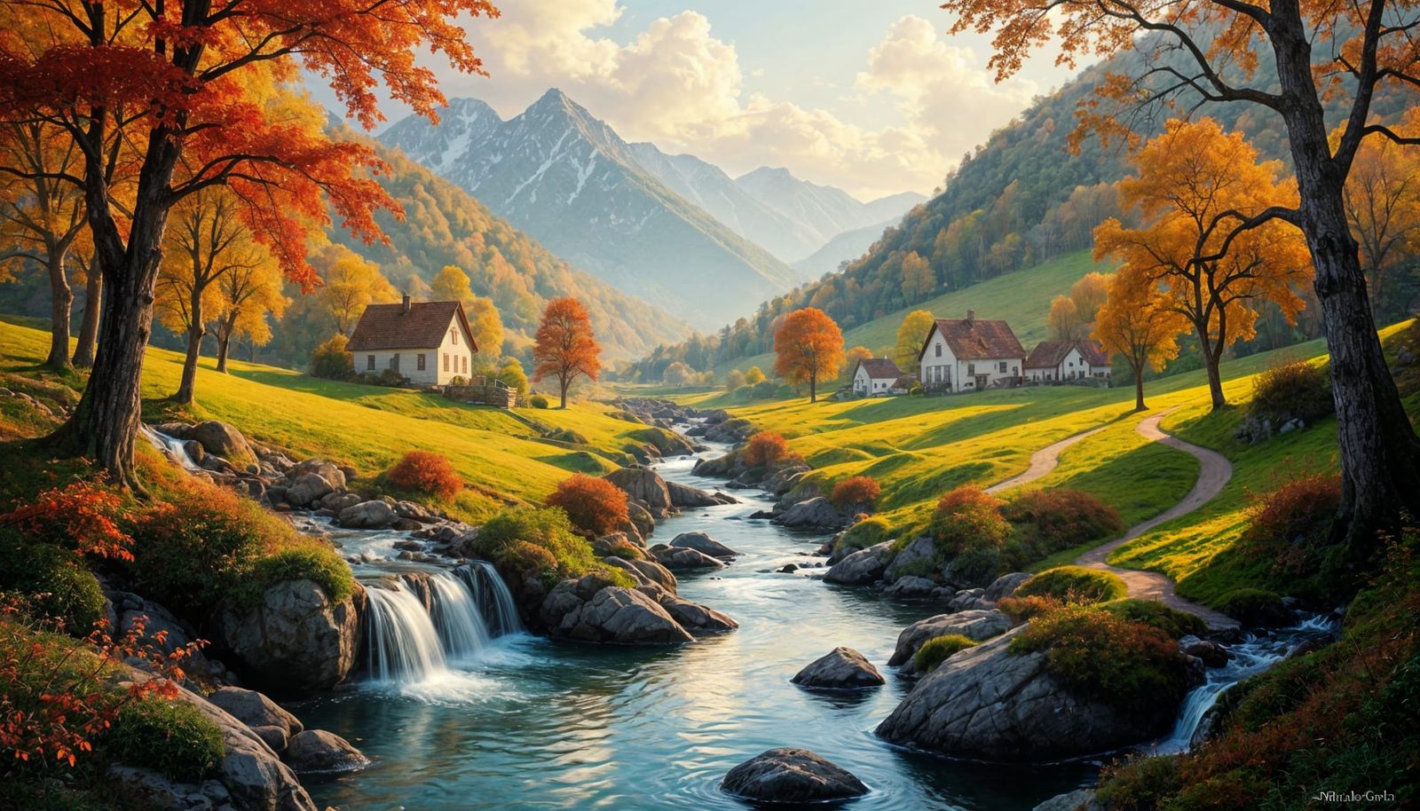 Dreamy Idyllic Valley with Waterfalls and Autumn Trees