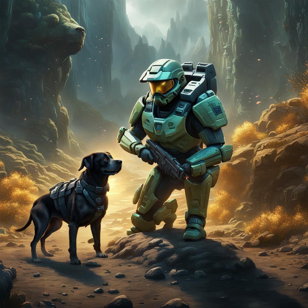 Master Chief Rescues a Dog: Detailed Fantasy Art
