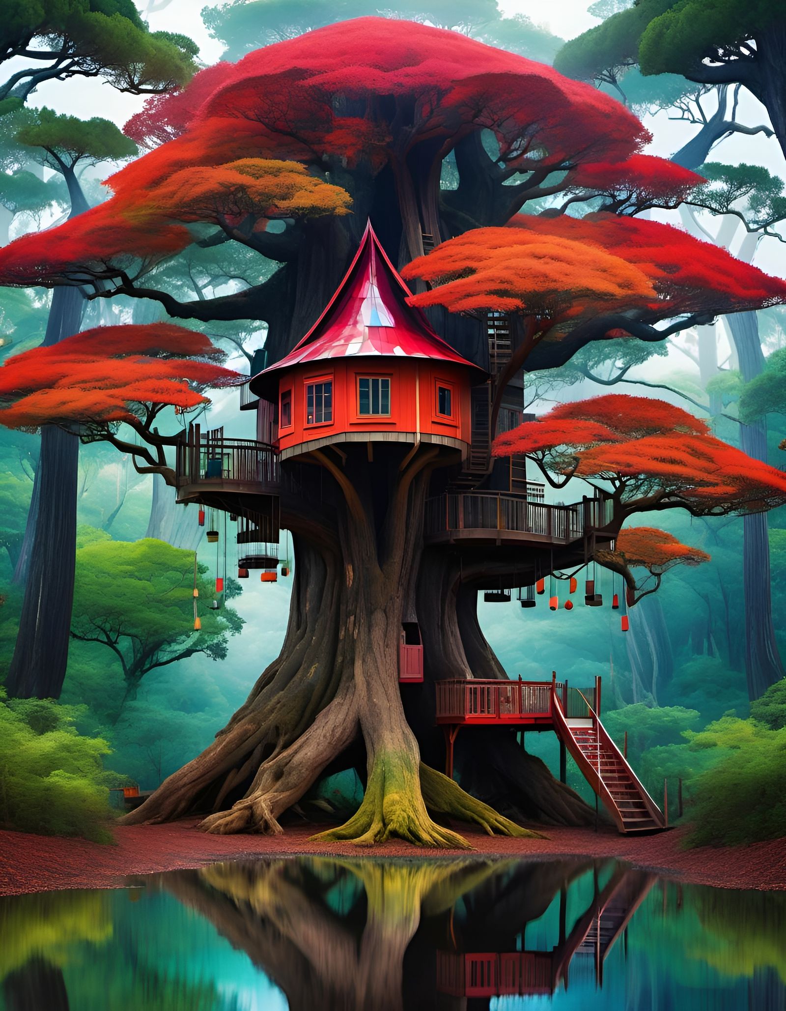 Colorful Mosaic Treehouse in Giant Oak, Watercolor Style