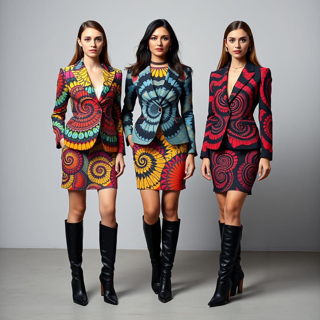 Women in Hypnotic Spiral Patterned Business Attire with Boot...
