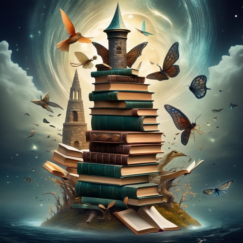 Magical Book Tower with Whimsical Creatures