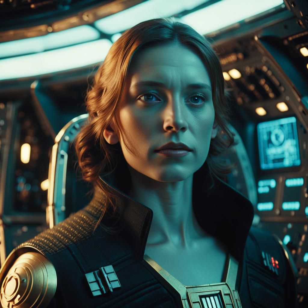 Medium shot of a person <Subject> as captain of a spaceship. Elaborate Star Wars spacecraft interior. Soft golden lighti...