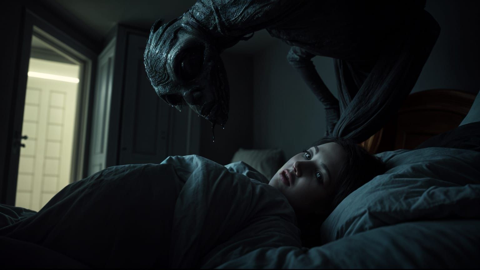 Terrifying Nightmare: Oily Monster Watching Woman