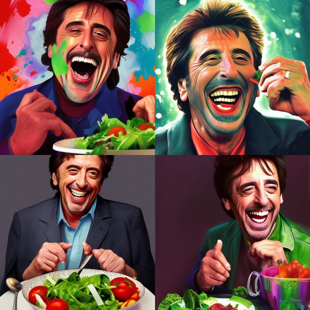 Al Pacino Laughing and Eating Salad: Hyperrealistic Art