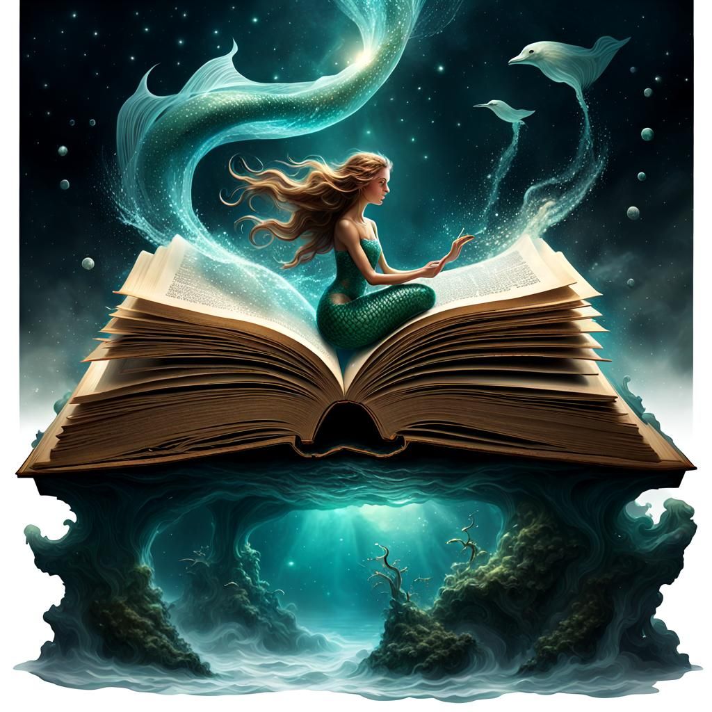 Magical Mermaid Emerges from Book in Fantasy Scene