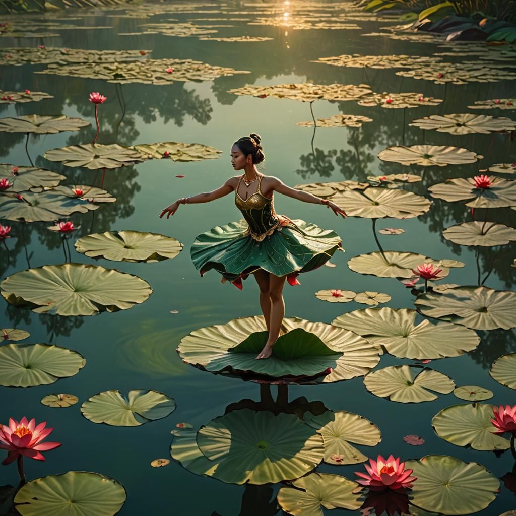 Dancer on Lily Pad in Lotus Lake, Fantasy Art