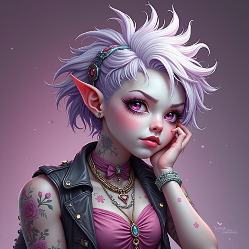 Punk Rock Pixie with Purple Hair and Pink Eyes