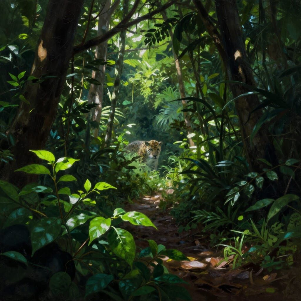 Ethereal Jaguar Peeks From Overgrown Jungle Path