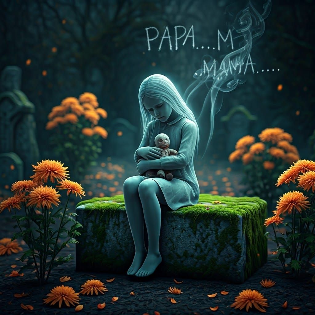 Ghostly Girl in Cemetery, Dreamlike Matte Painting