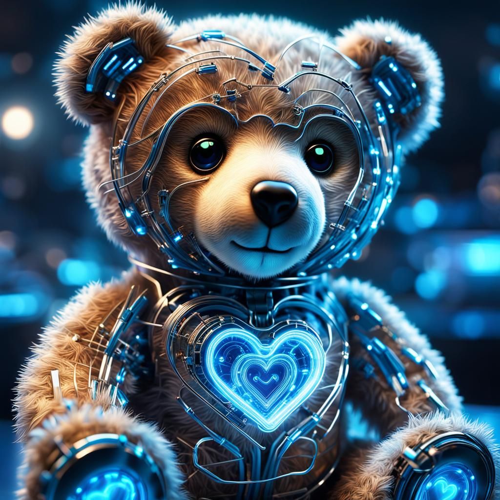 Futuristic Teddy Bear with Glowing Heart