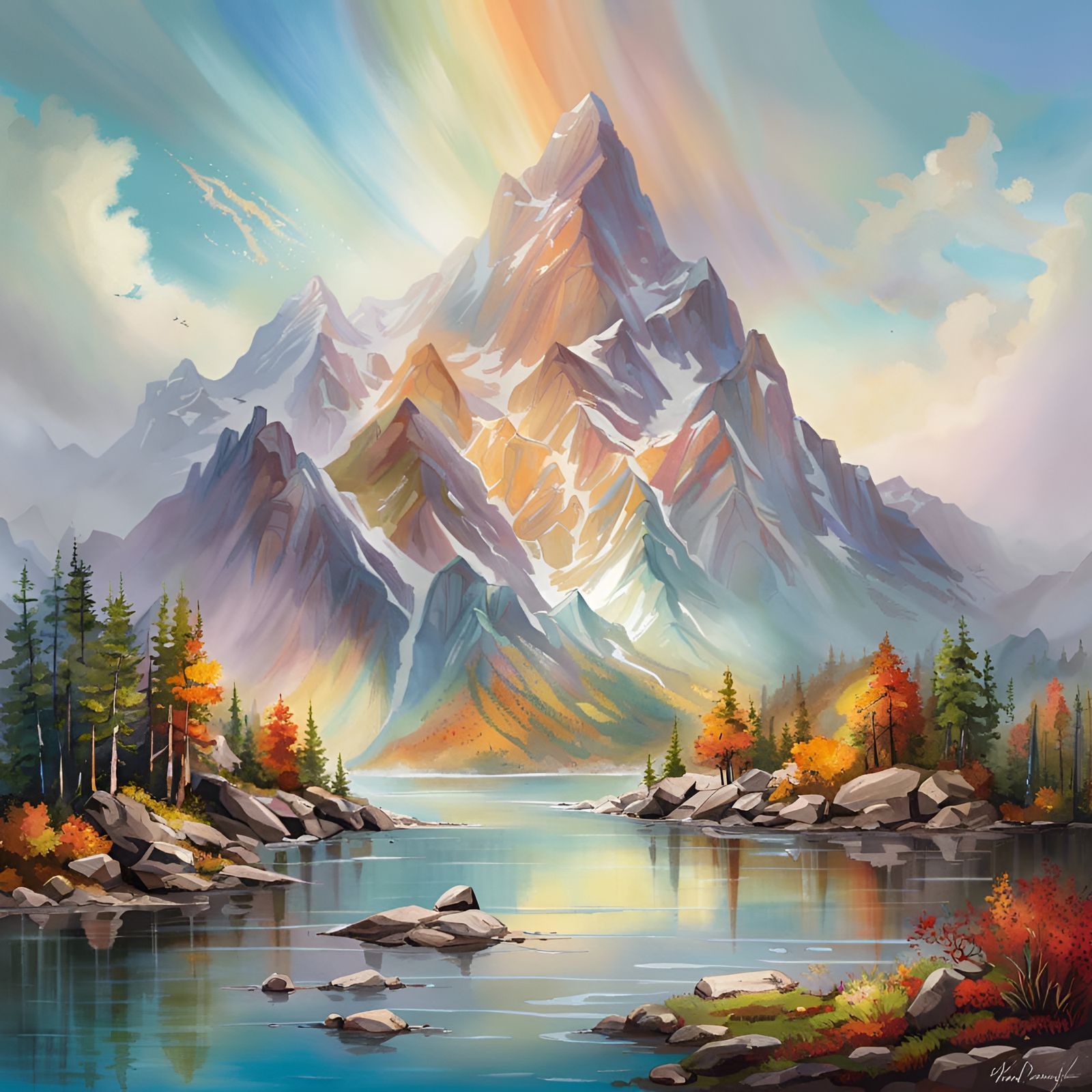 Rainbow Over Glistening Lake: Watercolor Landscape