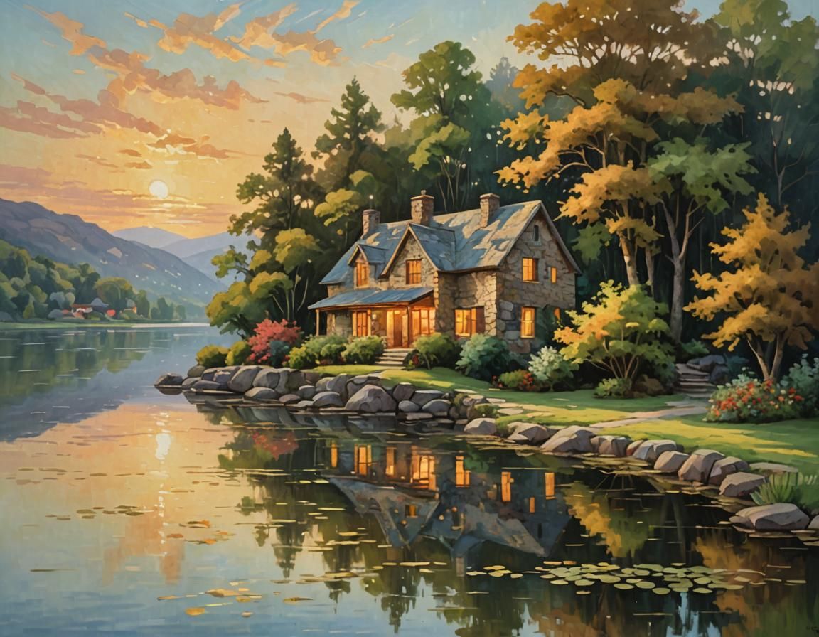 Idyllic Lakeside House in Impressionist Style
