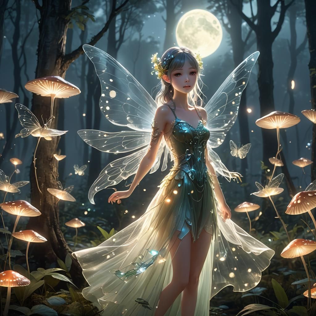 Glass Fairy with beautiful luminescent forest and moon in ba...