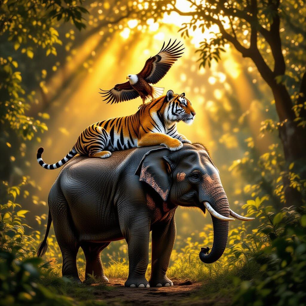 Tiger, Elephant, and Eagle in Jungle Dawn