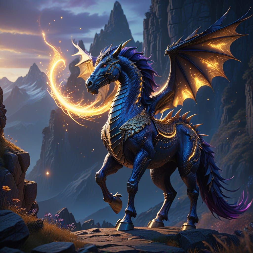 Epic Dragon and Winged Horse in Golden Hour