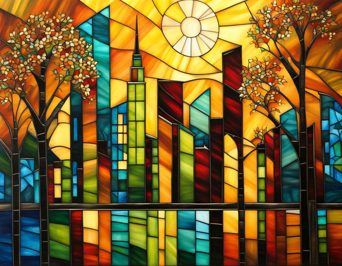 Stained Glass Aureolin Cityscape in MADART Style
