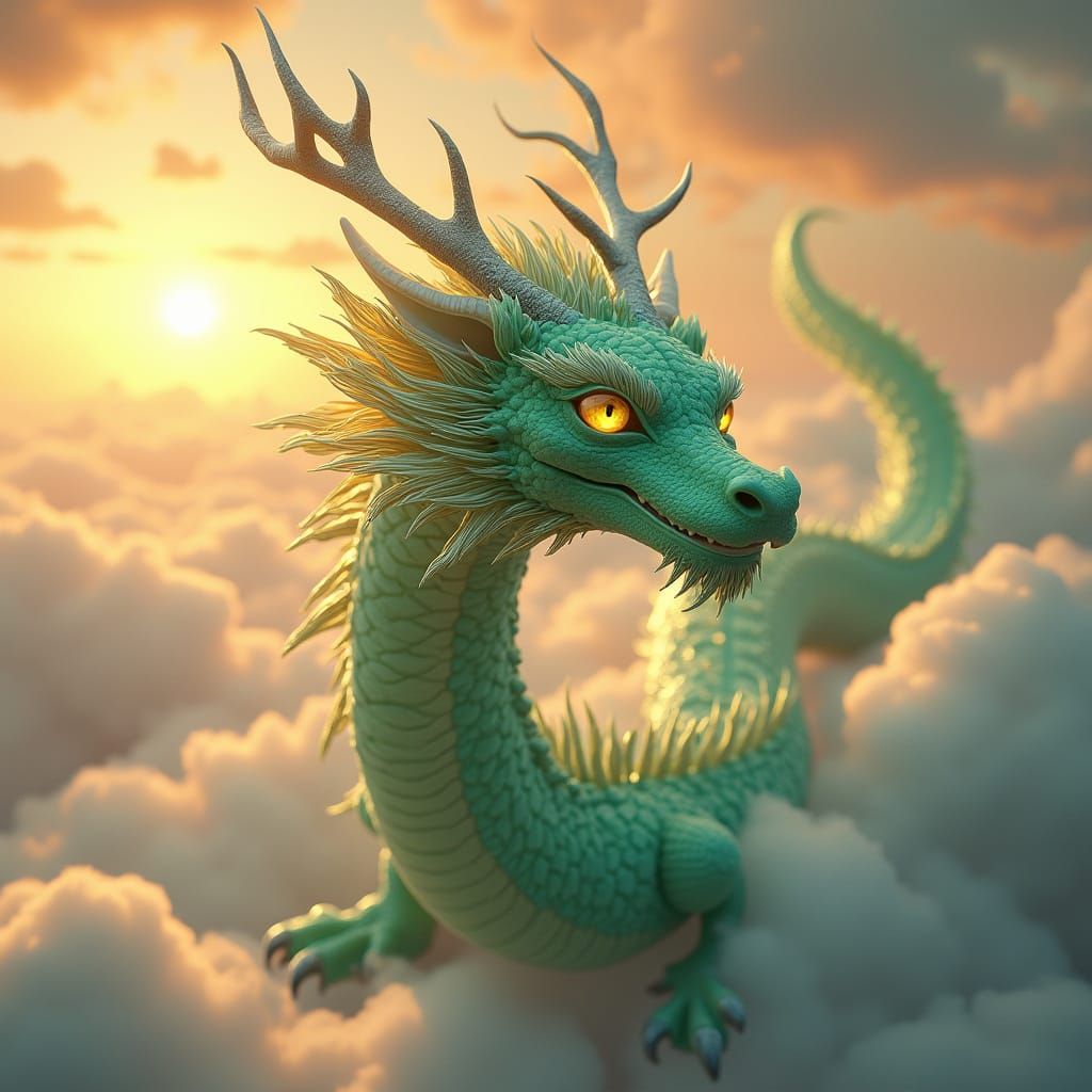 Majestic Eastern Dragon Soars Through Sunset Skies in Elegan...