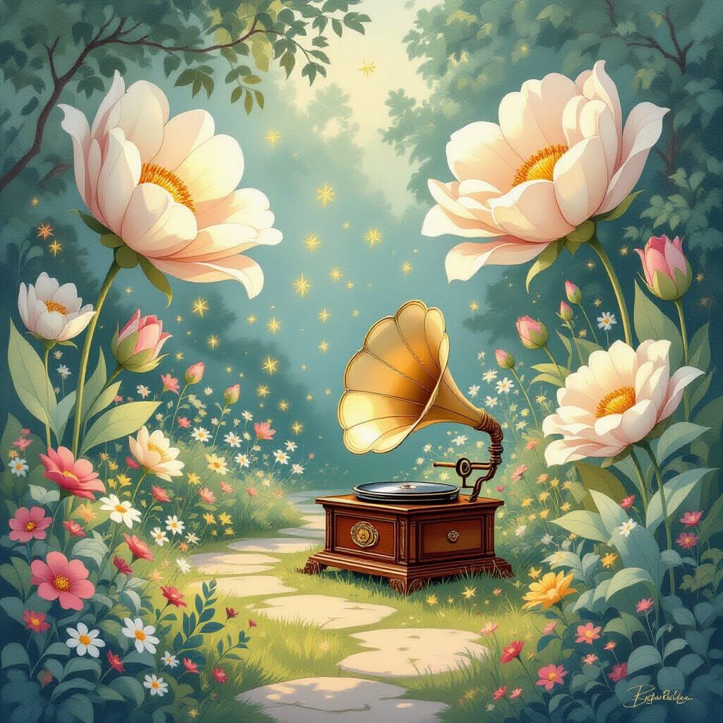 Enchanted Hidden Garden with Vintage Gramophone and Fireflie...