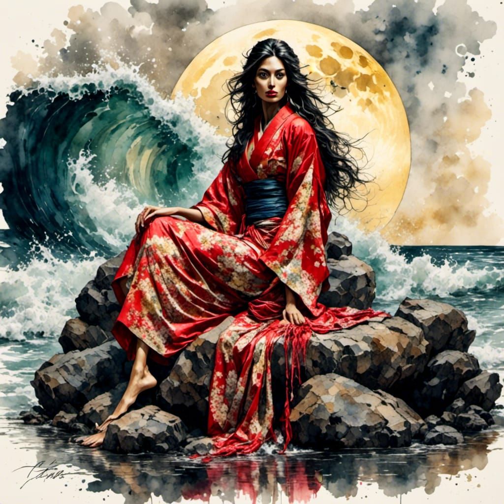 Geisha at Dusk: Antique Watercolor Fantasy Art