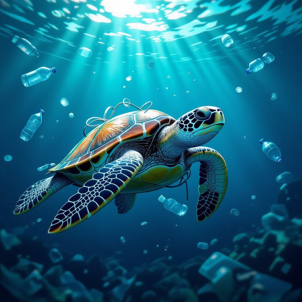 Distressed Sea Turtle Tangled in Plastic Pollution