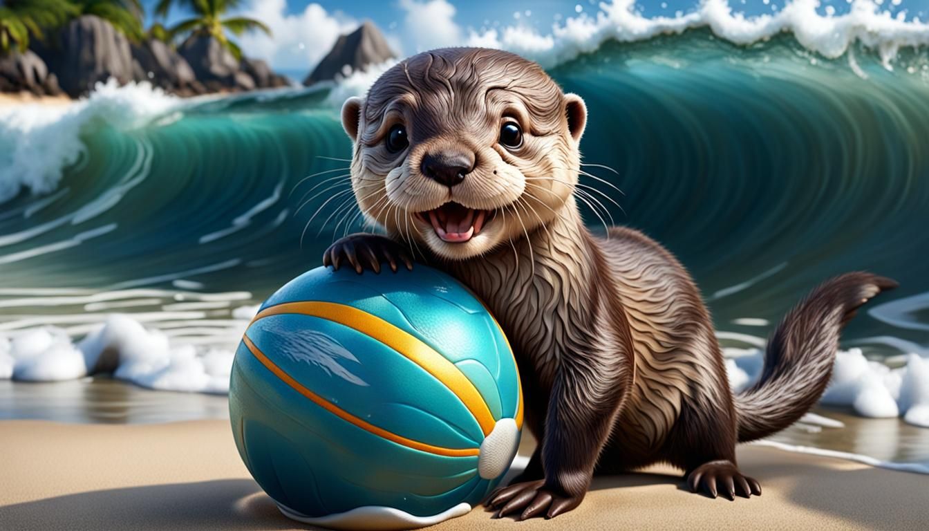 Cute Otter Plays Ball on Tropical Beach