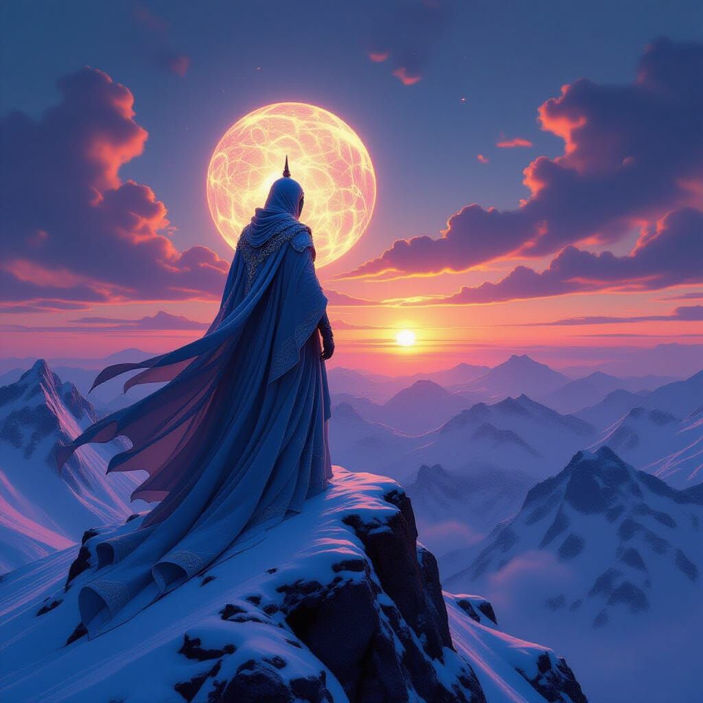 Humanoid God on Mountain in Dark Fantasy Style