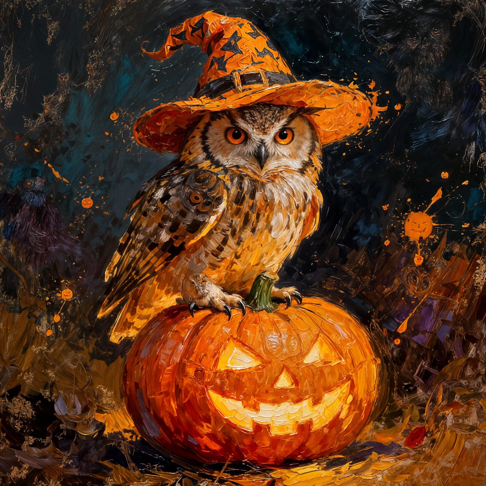 Detailed Owl on Glowing Pumpkin as Oil Painting