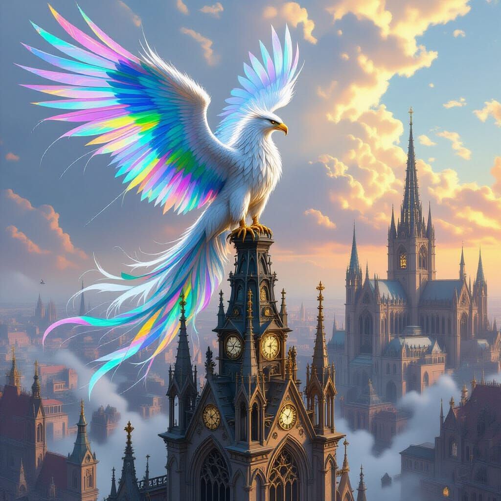 Griffin with Rainbow Spiderweb Feathers on Gothic Spire