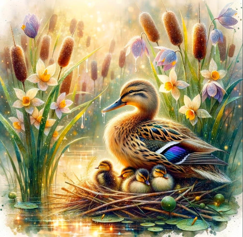 Duck and Ducklings in Watercolour