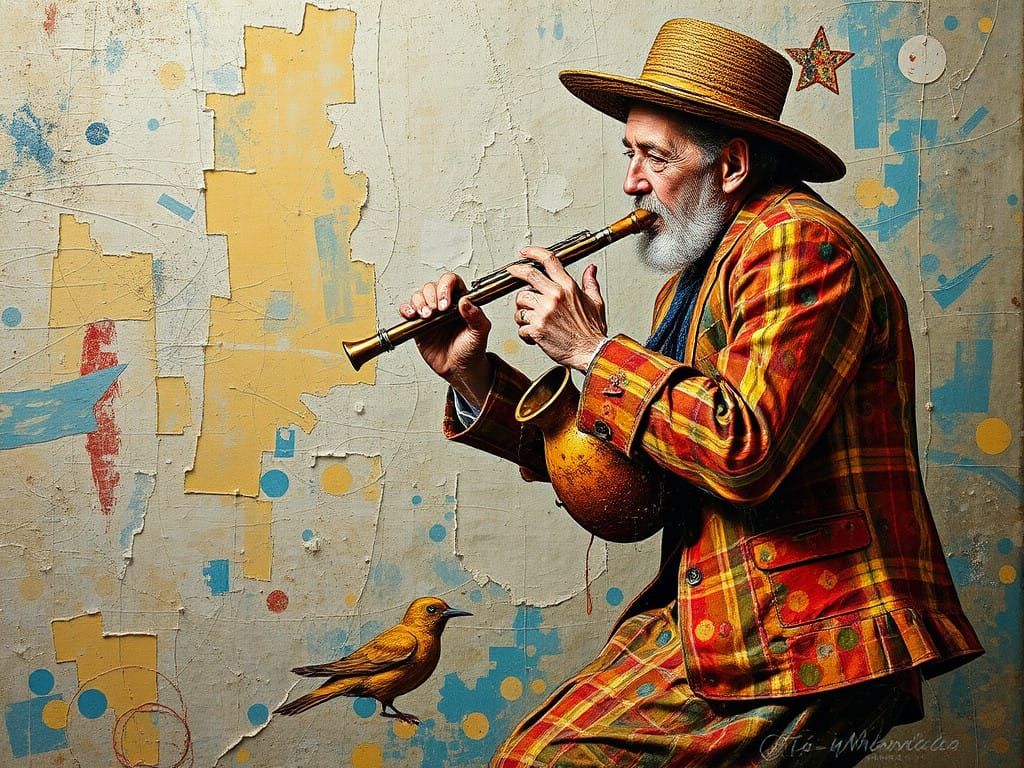 Vibrant Abstract Collage with Impasto Textures and Found Obj...