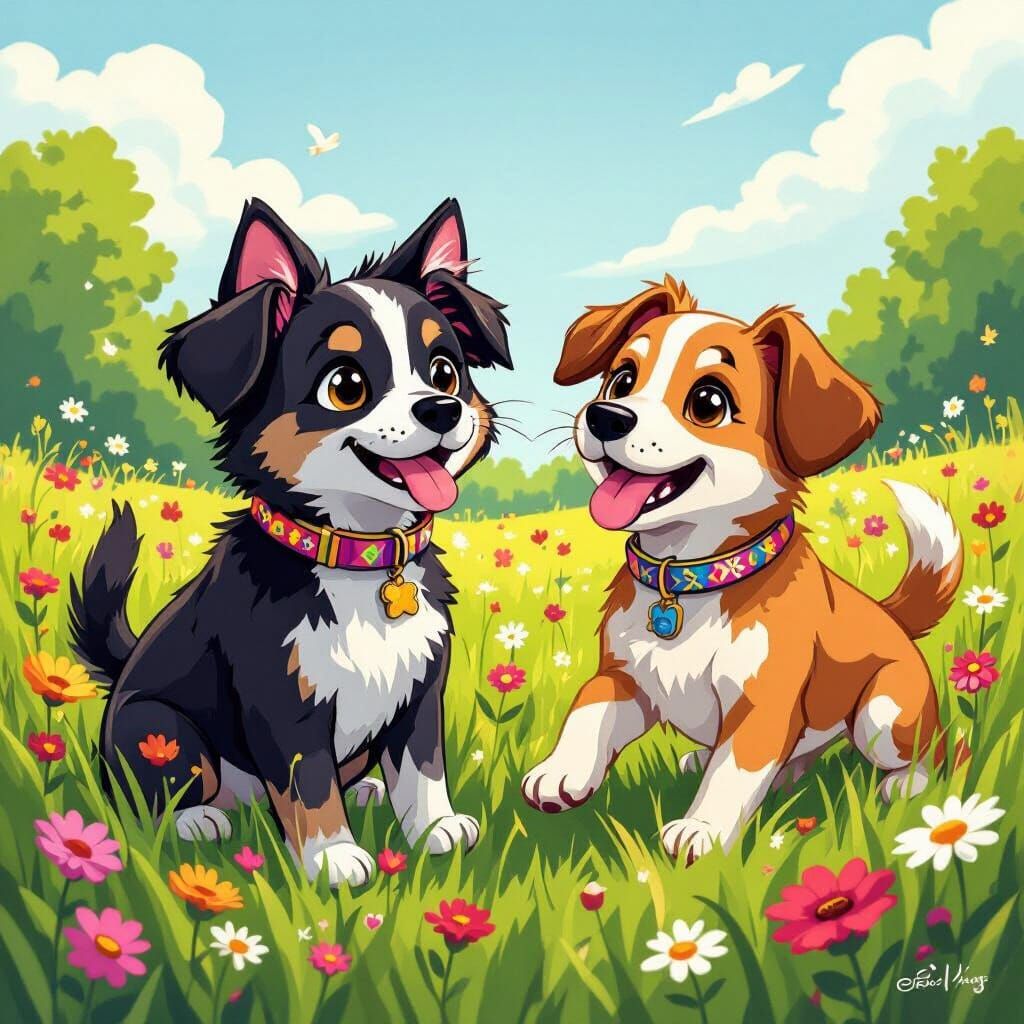 Whimsical Cat-Dog Hybrid in Vibrant Meadow