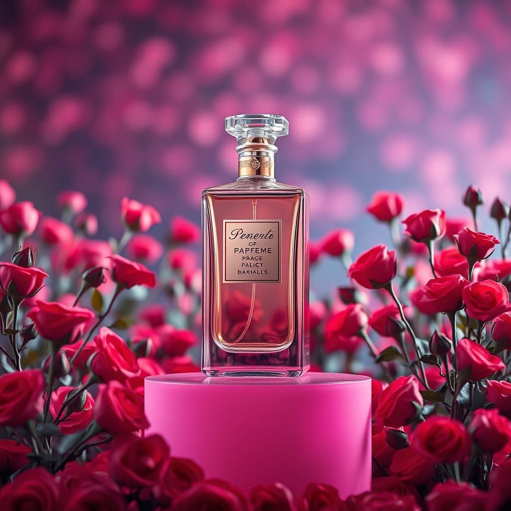 Luxurious Perfume Bottle on Rose Petal Pedestal in Editorial...
