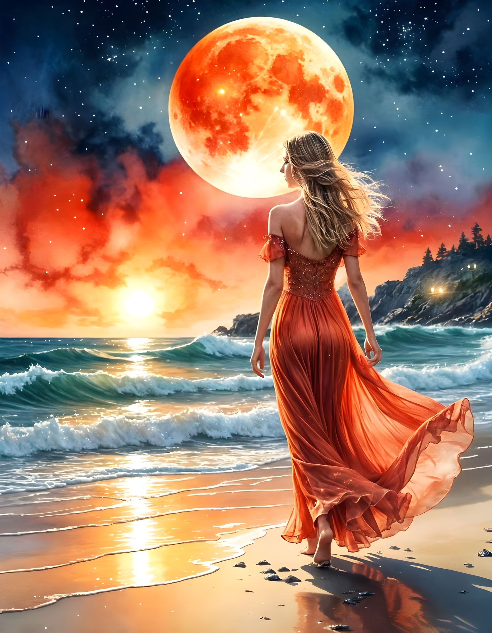 Elegant Woman on Fantasy Seashore, Watercolor Style