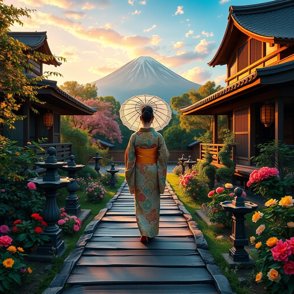 Japanese Garden at Dawn in Vibrant Kimono