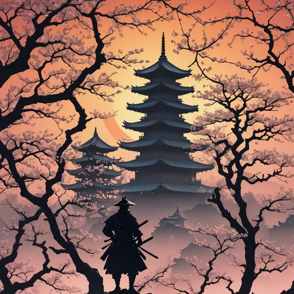 Samurai Silhouette with Blossom Tree at Sunrise