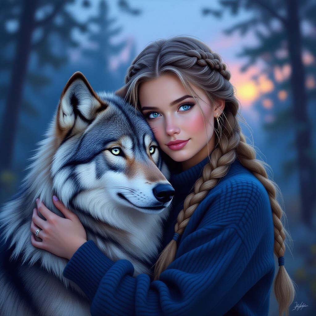 Nordic Woman Embraces Wolf in Twilight Forest