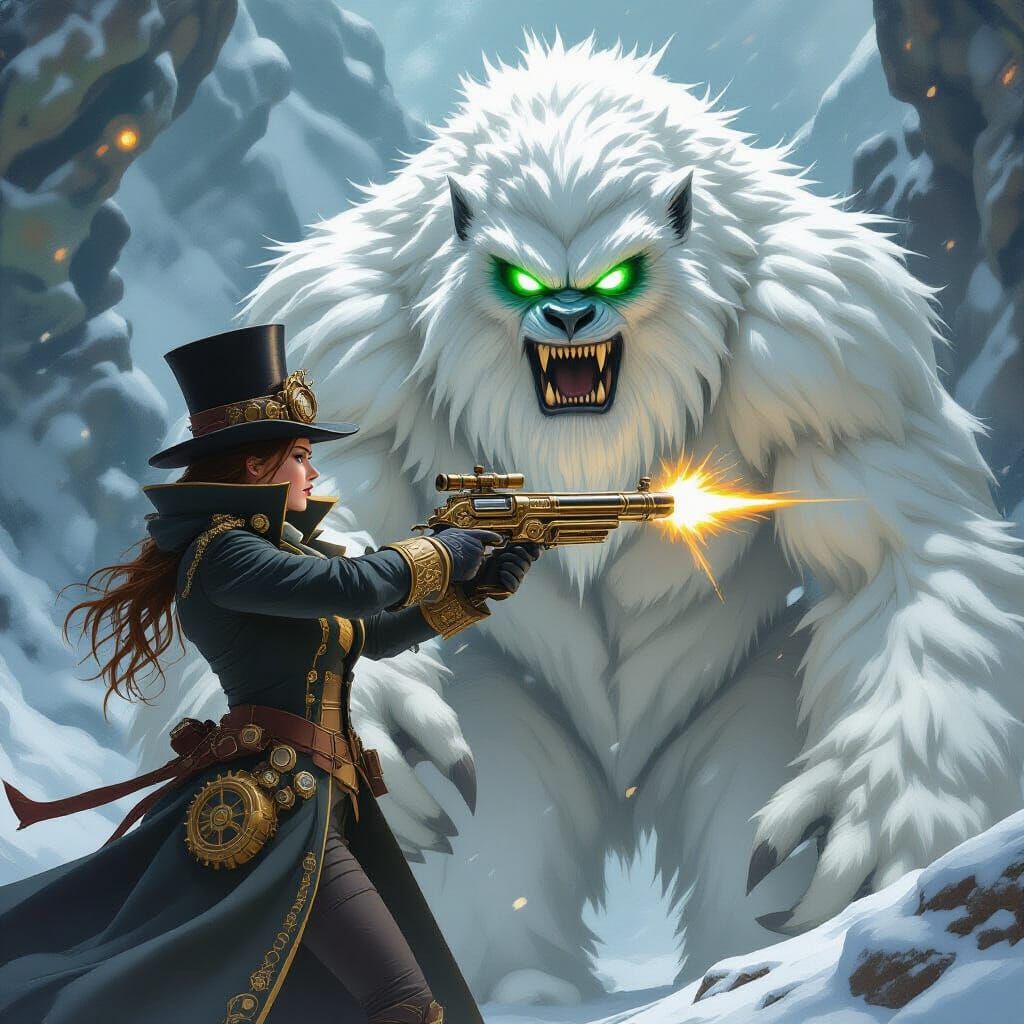 Steampunk Explorer Battling Yeti with Ray Gun