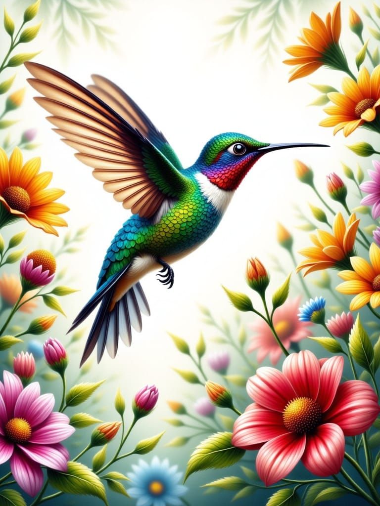 Hummingbird in Lush Garden, Realistic Oil Painting