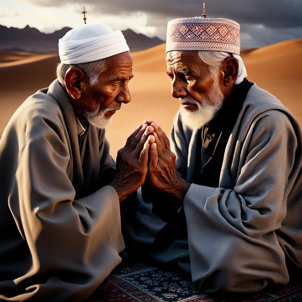 Old Hands in Muslim Prayer in Desert Sunlight