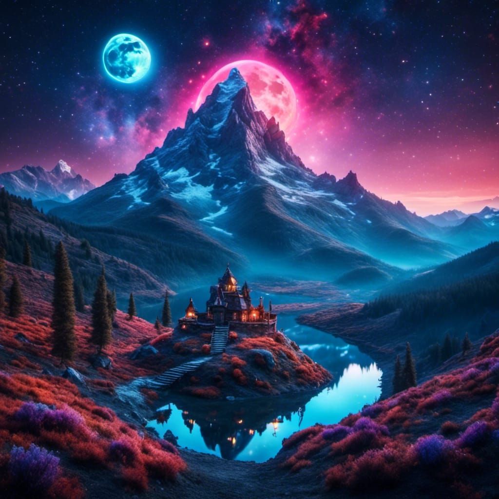 Moonlit Mountain Landscape with Colorful Aura: Digital Paint...